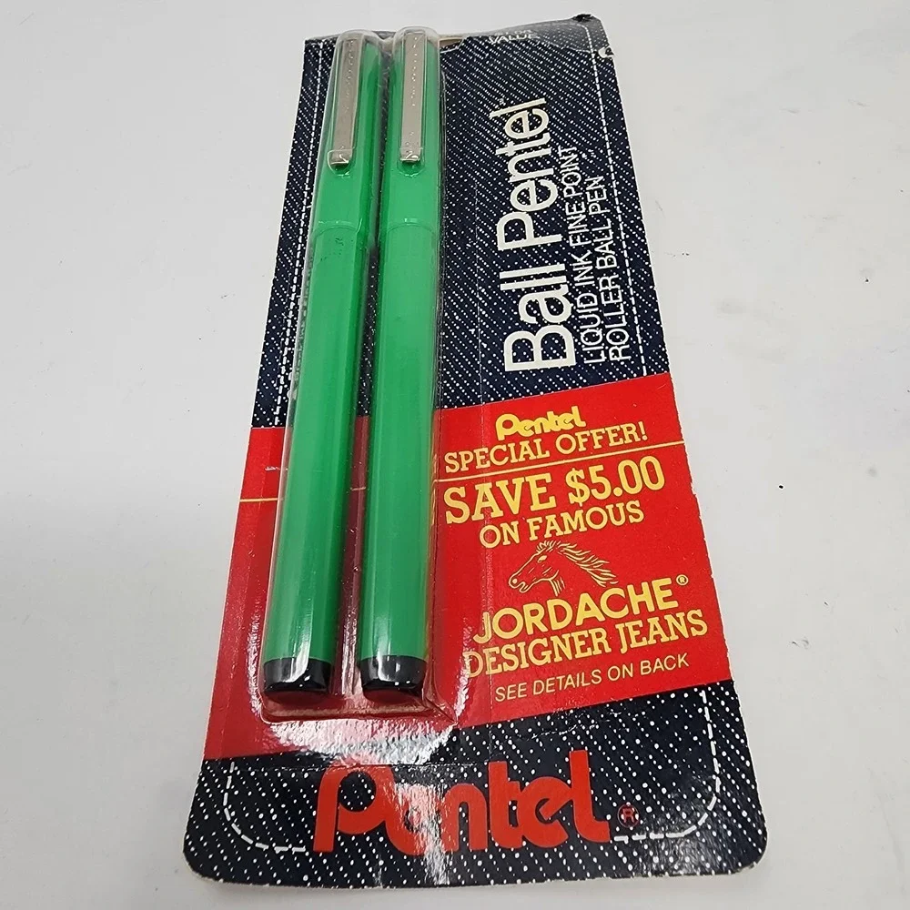 Vtg 80s 2‎ NOS PENTEL Black Ink 0.8mm R68 JBP Ball Rolling Pen Jordache Collab